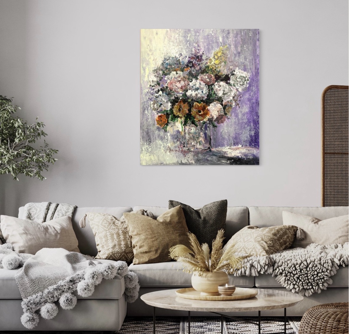 Interior visualisation of Flowers on a Purple Background. Bouquet of Joy by Marina Stognieva